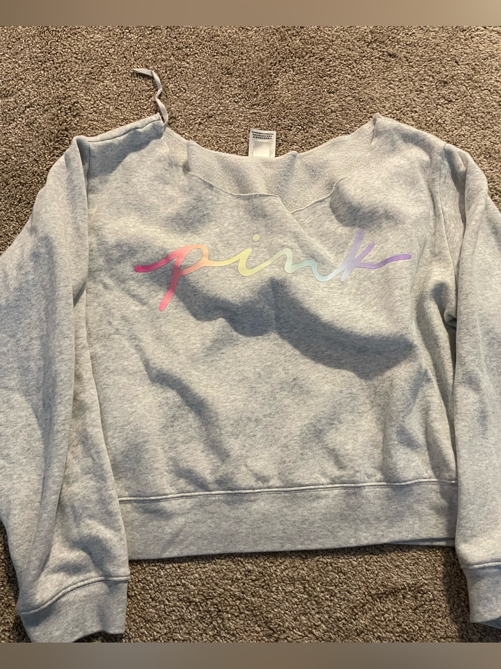PINK Victoria's Secret Women's Light Gray Crewneck Sweatshirt with Pastel Logo